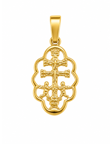 Colgante Cruz Caravaca con Cerco forma Ondulada - Oro Amarillo 18K
