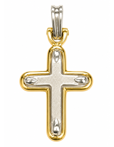 Colgante Cruz Bicolor Lisa con Relieve - Oro Amarillo y Oro Blanco 18K
