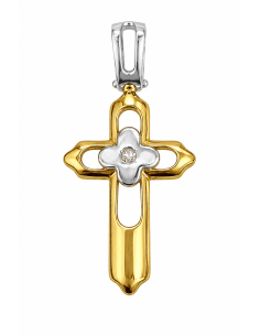 Colgante Cruz Bicolor con detalle Floral en el centro - Oro Amarillo 18K