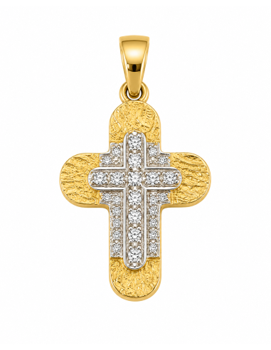 Colgante Cruz Bicolor Texturizada con Circonitas - Oro Amarillo y Oro Blanco 18K
