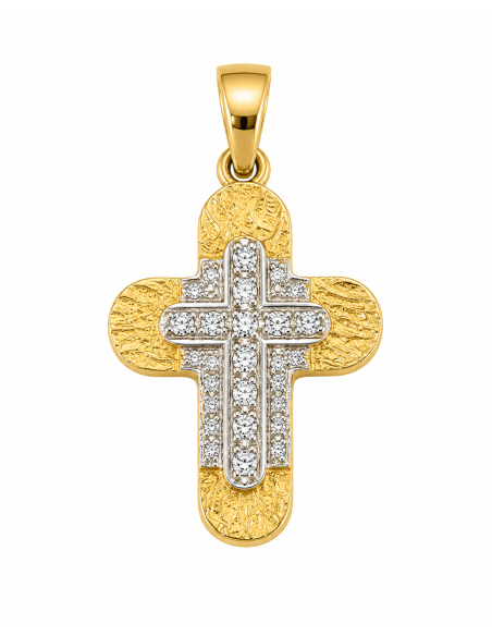 Colgante Cruz Bicolor Texturizada con Circonitas - Oro Amarillo y Oro Blanco 18K