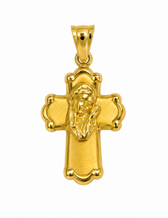 Colgante Cruz Virgen María Relieve en Ambas Caras  - Oro Amarillo 18K