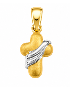 Colgante Cruz Bicolor Ondulada - Oro Amarillo y Oro Blanco 18K
