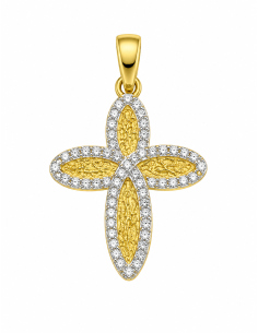 Colgante Cruz Ovalada Bicolor con Circonitas - Oro Amarillo y Oro Blanco 18K