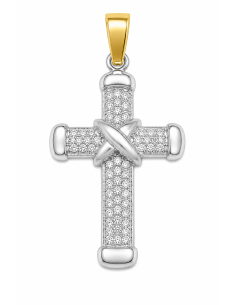 Colgante Cruz Bicolor con Pavé de Circonitas - Oro Amarillo y Oro Blanco 18K