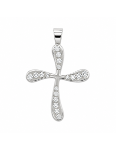 Colgante Cruz Curva con Circonitas - Oro Blanco 18K