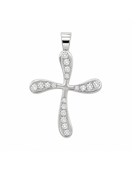 Colgante Cruz Curva con Circonitas - Oro Blanco 18K