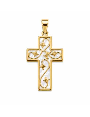 Colgante Cruz Nácar con Detalles Florales - Oro Amarillo 18K