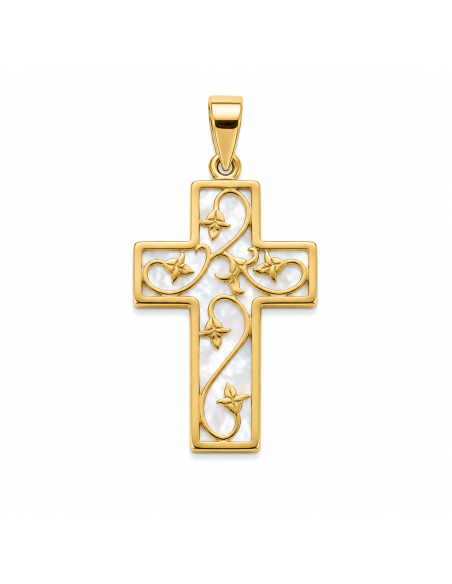 Colgante Cruz Nácar con Detalles Florales - Oro Amarillo 18K