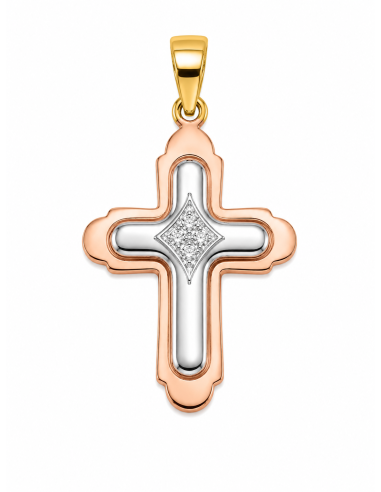 Colgante Cruz Tricolor con Circonitas - Oro Amarillo, Blanco y Rosé 18K