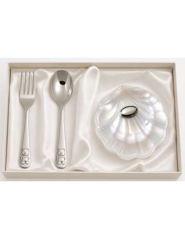 Set Infantil Cubierto Acero y Concha Cristal Nacarado con Chapa para Personalizar - Global Argenti GA1156