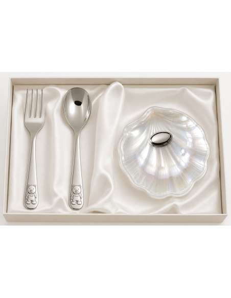 Set Infantil Cubierto Acero y Concha Cristal Nacarado con Chapa para Personalizar - Global Argenti GA1156