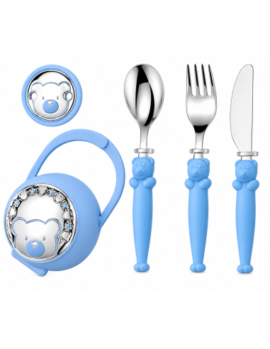 Set Infantil Portachupetes con Pinza  y Cubierto Oso Azul - Eventi EV3256/03C