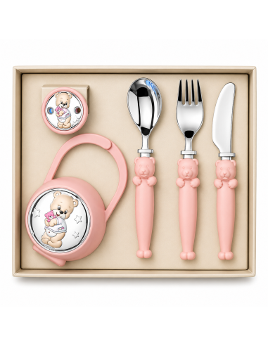Set Infantil Portachupetes con Pinza  y Cubierto Oso Pijama Rosa - Eventi EV3226/03R