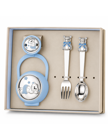 Set Infantil Portachupetes con Pinza y Cubierto Oso Azul - Eventi EV3566/07C