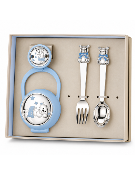 Set Infantil Portachupetes con Pinza y Cubierto Oso Azul - Eventi EV3566/07C
