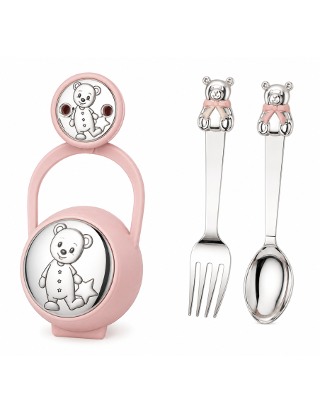 Set Infantil Portachupetes con Pinza y Cubierto Oso Pijama Rosa - Eventi EV3496/07R