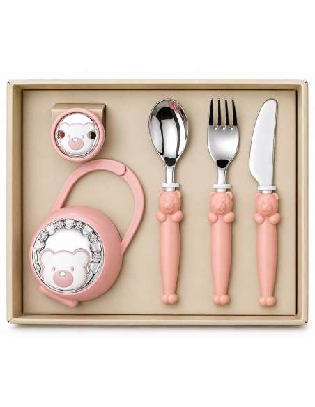 Set Infantil Portachupetes con Pinza y Cubierto Oso Rosa - Eventi EV3256/03R