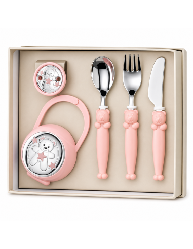 Set Infantil Portachupetes con Pinza y Cubierto Oso Rosa - Eventi EV3536/06R