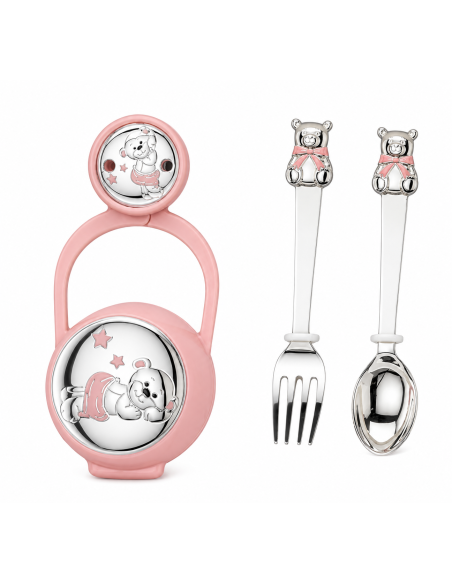 Set Infantil Portachupetes con Pinza y Cubiertos Oso Rosa - Eventi EV3566/07R