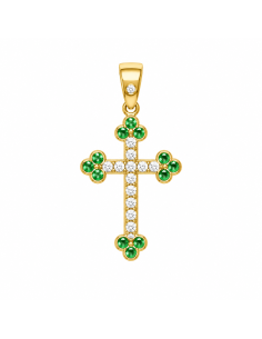 Colgante Cruz con Circonitas Blancas y Verdes - Oro Amarillo 18K