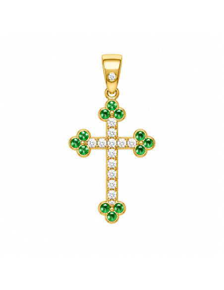 Colgante Cruz con Circonitas Blancas y Verdes - Oro Amarillo 18K
