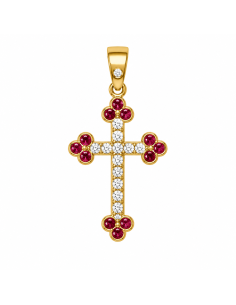 Colgante Cruz con Circonitas Blancas y Rubíes Sintéticos - Oro Amarillo 18K