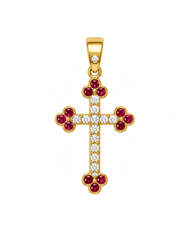 Colgante Cruz con Circonitas Blancas y Rubíes Sintéticos - Oro Amarillo 18K
