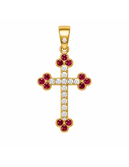 Colgante Cruz con Circonitas Blancas y Rubíes Sintéticos - Oro Amarillo 18K