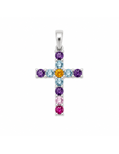 Colgante Cruz Multicolor con Circonitas - Oro Blanco 18K