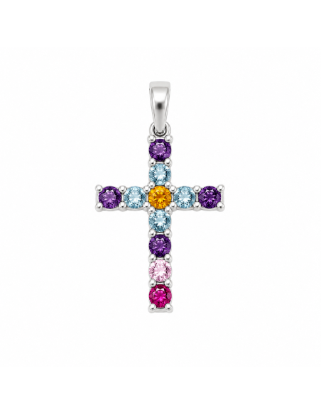 Colgante Cruz Multicolor con Circonitas - Oro Blanco 18K