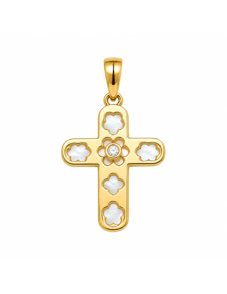 Colgante Cruz Calada con Nácar y Circonita - Oro Amarillo 18K