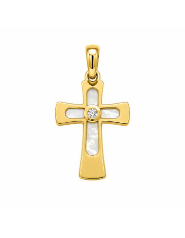 Colgante Cruz Calada con Nácar y Circonita - Oro Amarillo 18K