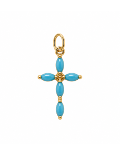 Colgante Cruz con Turquesas Azules - Oro Amarillo 18K