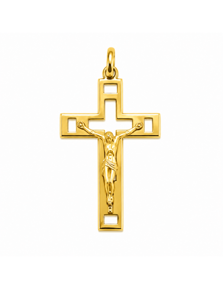 Colgante Cruz Calada con Cristo en Brillo - Oro Amarillo 18K
