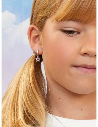 Pendientes Niña Marea Estrella Rosa con Circonitas en Plata de Ley