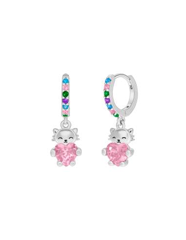 Pendientes Niña Marea Gatito con Corazón Rosa y Circonitas Multicolor en Plata de Ley