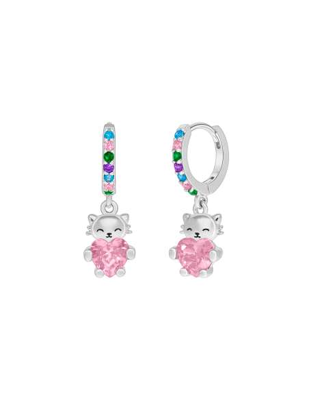 Pendientes Niña Marea Gatito con Corazón Rosa y Circonitas Multicolor en Plata de Ley
