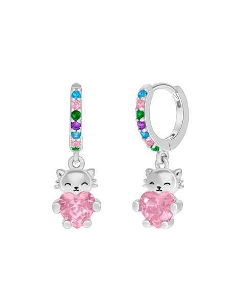 Pendientes Niña Gatito con Corazón Rosa y Circonitas Multicolor - Marea D03601/DF