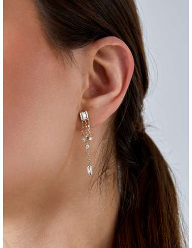 Pendientes Marea Largos con Circonitas y Cadenas en Plata Chapada de Ley