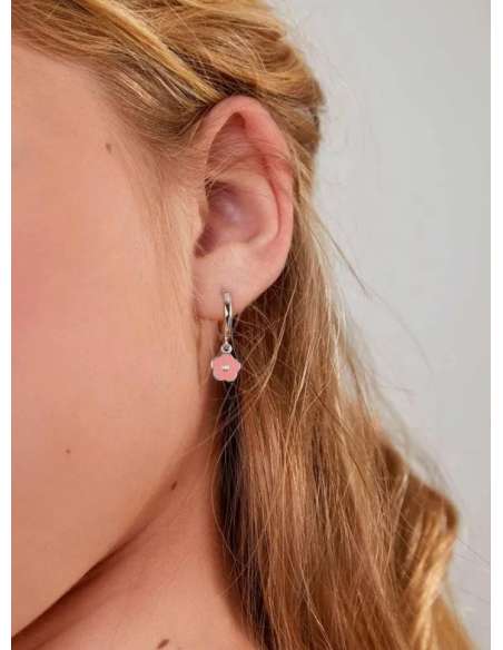 Pendientes Niña Flor Rosa con Circonita en Plata de Ley