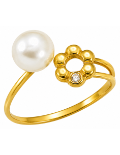 Anillo para Mujer con Perla y Flor - Oro Amarillo 18K