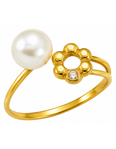 Anillo para Mujer con Perla y Flor - Oro Amarillo 18K