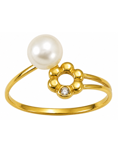 Anillo para Mujer con Perla y Flor - Oro Amarillo 18K