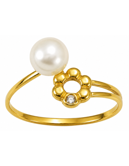 Anillo para Mujer con Perla y Flor - Oro Amarillo 18K