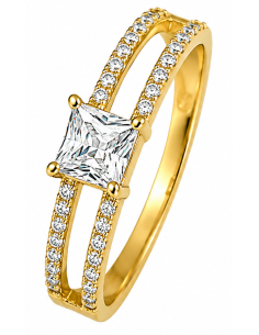 Anillo para Mujer Tipo Solitario con Circonita Cuadrada y Doble Aro - Oro Amarillo 18K