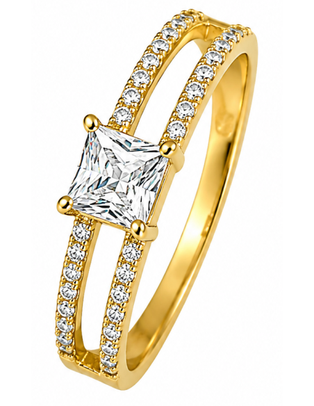 Anillo para Mujer Tipo Solitario con Circonita Cuadrada y Doble Aro - Oro Amarillo 18K