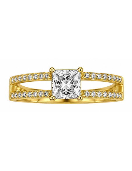 Anillo para Mujer Tipo Solitario con Circonita Cuadrada y Doble Aro - Oro Amarillo 18K