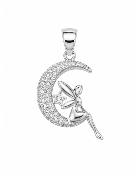Colgante para Mujer Hada sobre Luna con Circonitas - Plata de Ley