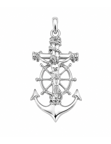 Colgante Cristo Crucificado con Cruz, Ancla y Timón - Plata de ley